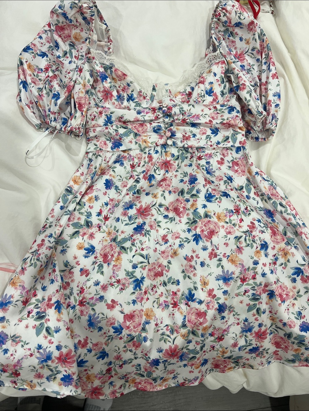 For Love & Lemons White Floral Mini Dress with Pink & Blue Blossoms